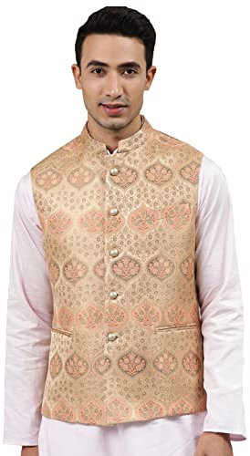 MANQ Herren-Jacke aus gewebter Jaquard-Seide, Nehru, Pfirsich, Small
