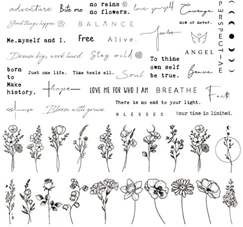 DIVAWOO Realistische Temporäre Tattoos- 60 Blatt Winzige Kleine Falsch Fake Tattoos- 40 Stück Inspirierende Worte, 20 Stück Wilde Blumen Blumenblätter Aufkleber Für Frauen Körper