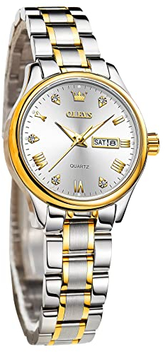 OLEVS Damenuhr Analog Quarz Armbanduhren mit Diamant Kleines Gesicht Gold Silber Edelstahlband wasserdichte Day Date Uhr