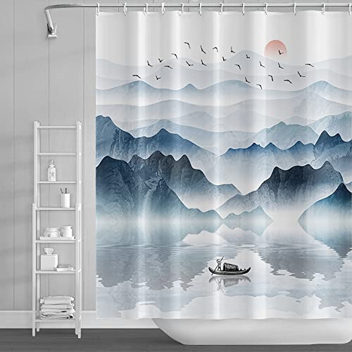 SDOTPMT 165x183cm Berg Landschaft Duschvorhang See Hölzern Boot Rote Sonne Wild Gans Natur Landschaft Nebelig Modern Ölgemälde für Junge Mädchen Moderne Badevorhang für Badezimmer-Dekor mit Haken