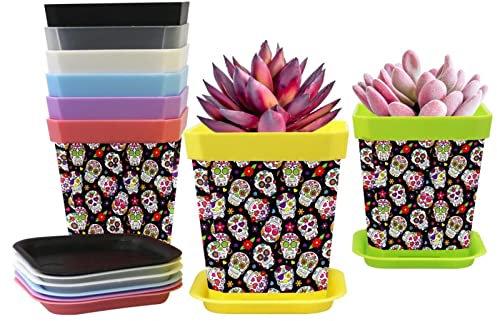 Lot de 8 pots de fleurs en plastique pour semis de pépinière - Outils de barbier - Motif tête de mort - Pot de fleurs avec plateau - 8 couleurs