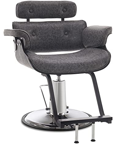 Barberpub Friseurstuhl mit Kopfstütze, Friseursessel Höhenverstellbar für Herren Damen, Friseureinrichtung Bedienungsstuhl Zuhause Vintage Retro, Kunstleder, 8261 (dunkelgrau)