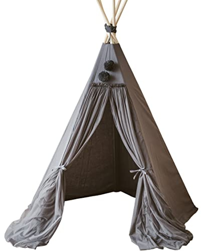 MINICAMP Original Teepee-Zelt für Kinder, handgefertigt aus natürlicher Leinwand, Tüll und Holz, Spielhaus-Zelt für Kinder und Kleinkinder, Prinzessinnen-Übernachtungszelt für Mädchen (Grau)