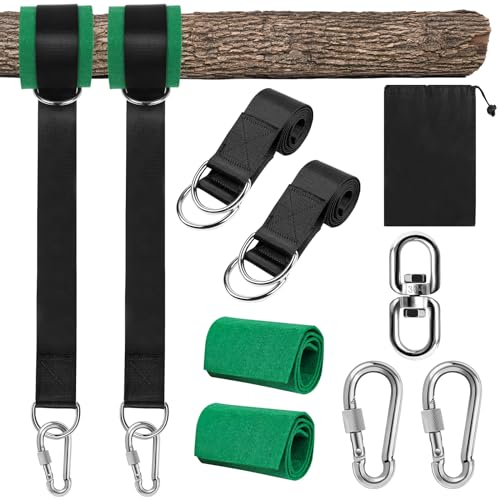 AnJeey Kit de Fixation pour Hamac Balançoire,Charge Max 500KG,avec 2 Sangles de 1.5m,2 Anneaux en D Lourds,1 Crochet Pivotant,2 Rembourrage de Protection pour Arbre,Matériel de Suspension de Jardin