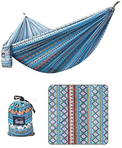 DESHVA Doppelte Camping-Hängematte, Outdoor-Schaukel, leichte Reise-Hängematte mit Aufbewahrungstasche, 259,9 x 14 cm, belastbar bis 200 kg, hochfeste Spanngurte, Camping-Must-Have,BlueSet