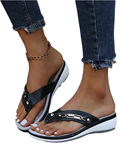 EXECAB Damen Orthopädische Zehentrenner Sandalen Damen Strass Flip-Flops Sommer PU-Leder Clip -Toe Pantoffeln Gummi Plateau Slippers Freizeit Strandschuhe,Schwarz,36