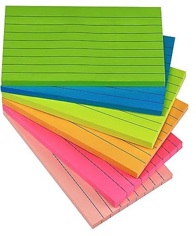 7,6 x 12,7 cm große, linierte Haftnotizen, 76 x 127 mm, 6 brillante Farben, sortiert, Querformat, liniert, selbstklebend, 80 Blatt/Block
