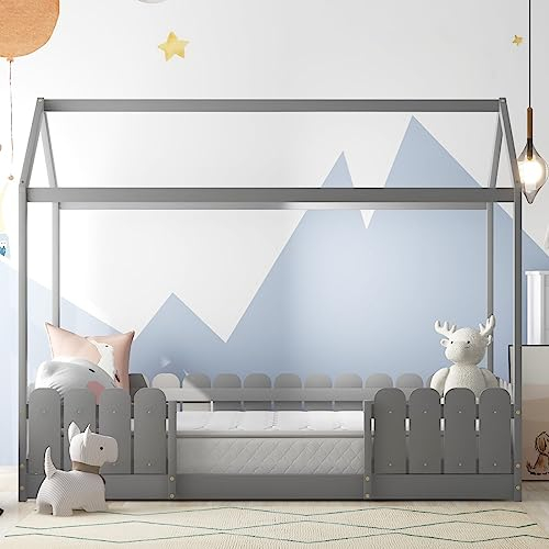 Sweiko Hausbett 90x200 cm,Kinderbett vielseitiges Holz Kinderbett für Jungen Mädchen, Bettrahmen mit Rausfallschutz und Lattenrost, Ohne Matratze (Grau)
