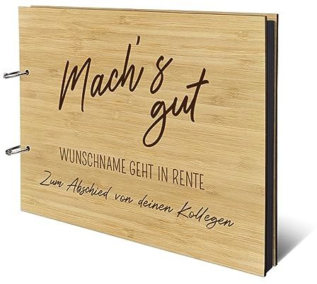 Personalisiertes Abschied Fotoalbum echtes Holz DIN A4 Rente Erinnerungsbuch mit Lasergravur - Machs Gut - mit 25 Blatt / 50 Seiten Fotokarton Schwarz