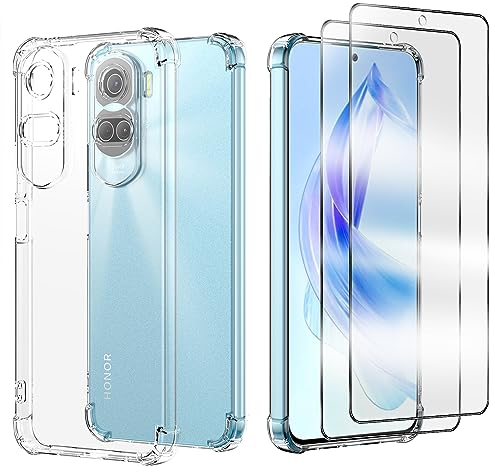 Anlxhj Compatible avec Honor 90 Lite Coque et protection d'écran en verre trempé [Lot de 2] Coque de protection en silicone souple anti-rayures transparente