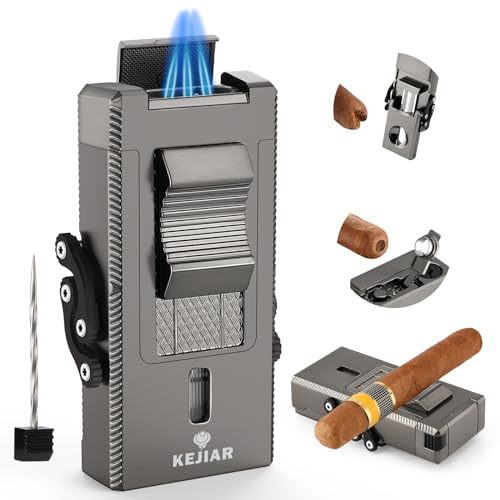 KEJIAR Allume-cigare avec flamme triple jet, briquet au butane rechargeable coupe-vent avec coupe-cigare en v, poinçon à cigare, porte-cigare, rehausseur de tirage de cigare 5 en 1, briquets torche ré