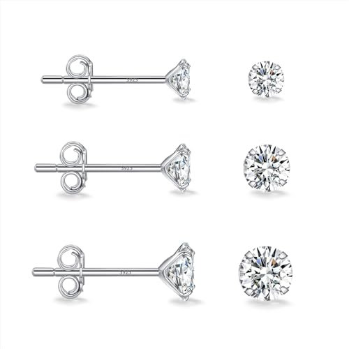 Lot de 3 paires de boucles d'oreilles à tige en argent sterling 925 hypoallergénique avec oxyde de zirconium - Boucles d'oreilles confortables pour cartilage - Cadeau pour femme - 3/4/5 mm, Argent