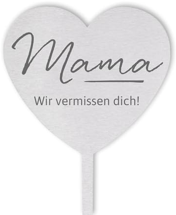 DOLORINO Grabstecker: Edelstahl Herz Mama, wir vermissen dich | Grabschmuck, in Liebe für einen geliebte Menschen | eine wetterfeste Erinnerung aus Edelstahl | 28cm