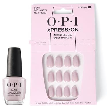 OPI xPRESS/ON Press On Nails & Cuticle Oil, 30 Pcs Reusable False Nails with up to 14 Days of Wear, Deeply Nourishing Cuticle Oil, Gel-Like Salon Manicure, Don’t Bossa Nova Me Around Nude Nail Polish