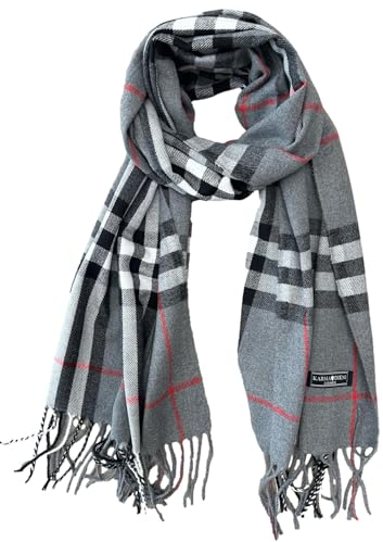 KARMA.DIEM Karierter Schal - Cashmere Merino Mix - Super Weich - 180x65cm - Unisex - Pashima/Stola/Extra Breit für Mann & Frau (Grau)