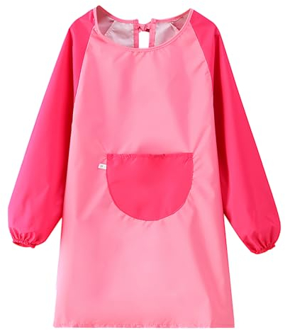Rapidbok Tablier Peinture Enfant, Blouse Peinture Enfant, Imperméable Tablier de Peinture Enfant avec Manches Longues et Grande Poche, Tablier Enfant Peinture pour Enfant 7-11 ans (Rose)
