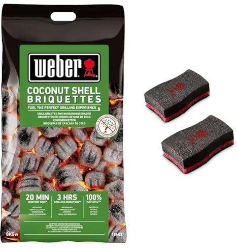 Weber Briquettes De Noix De Coco 8kg Noir & Éponges de Nettoyage - Résistantes de Lavage - Éponges à Récurer - Lot d'Éponges de Nettoyage - Accessoires Barbecue - Lot de 2 - Noir (17688)