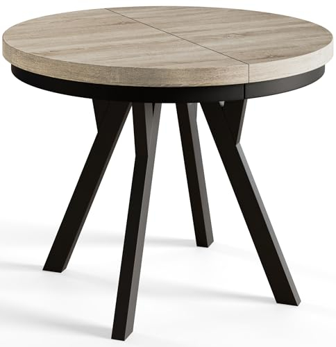 AlpiMeble Runder Esszimmertisch EVO, ausziehbarer Tisch Durchmesser: 80 cm bis 130 cm, Wohnzimmertisch Farbe: Sonoma, mit Holzbeinen in Farbe Schwarz