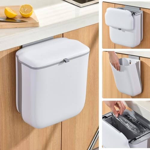 Yiomxhi Cubo de Basura Colgante con Tapa, 9 L Bote de Basura de Cocina Plegable para Puerta de Armario, Contenedor de Compostaje para Baño, Oficina, Debajo del Fregadero, Blanco