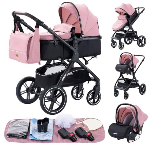 GLOKID Passeggino 3 in 1,Passeggino Canne,Trio,Con Seggiolino Accessori,Adattatori universali,Passeggino per bambini fino a 25 kg,4 ruote con ammortizzatori,navicella,grandi ruote (x1 rosa)