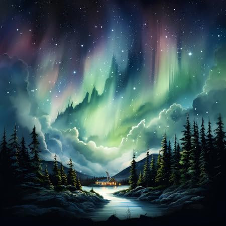 adrium Acryl-Bild 70 x 70 cm: Nordlichter, Aurora Borealis und Kiefernwald bei Nacht. Vektorillustration. (213339586)