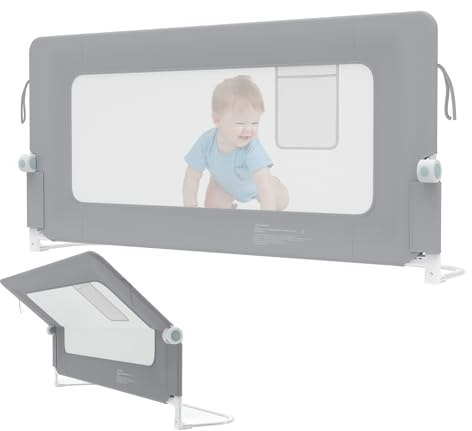 FIVMEN Bettgitter 200cm Rausfallschutz Bett Höhenverstellbar Kinder Bettschutzgitter Zusammenklappbar um 180 Grad Babybettgitter Kinderbettschutzgitter für Kinderbett Elternbetten, Grau