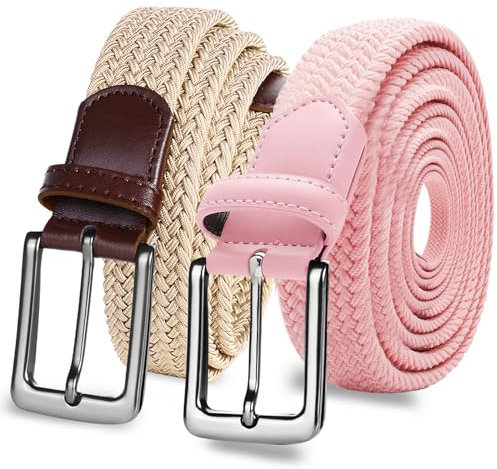 LOVMEAD Elastischer Gürtel Stretchgürtel Geflochten Herren Damen Wert 1 2 Stück, Golf Stoffgürtel Flechtgürtel Dehnbarer (2 Stück-Beige+rosa, 105cm/34’’-38’’ für Taillengröße)