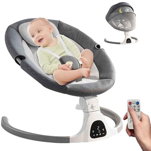 Electric Baby Bouncer Chair, Music Bluetooth Enabled Electric Baby Swing with 5 Swing Speed 3-Stage Timer Portable Baby Bouncer Electric from Birth for 0 Months Plus Newborn Boys Girls (Grey)