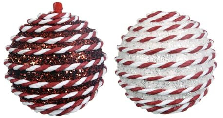 Rebecca Mobili Weihnachtskugeln, Baumschmuck, 2 Stück, Kunststoff Schwamm, weiß rot, Weihnachtsdeko, mit Glitzer - Durchmesser: Ø 8 cm - Art. HA2042