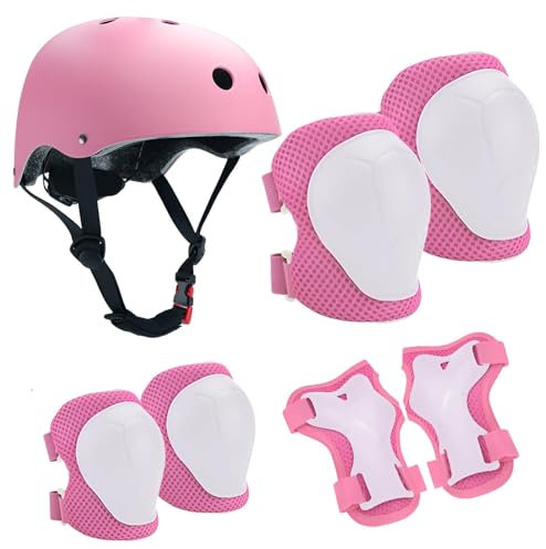 HTRTRR Casco de protección infantil con casco ajustable, rodilleras y coderas y muñequeras para patinaje, bicicleta, patinaje, scooter y otros deportes al aire libre (rosa)