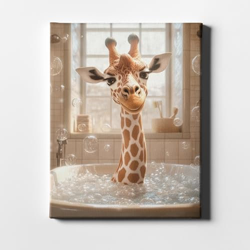 Kunstdruck auf Leinwand, Motiv Giraffe im Bad, gerahmt, 20,3 x 30,5 cm