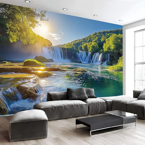 JEDTAKCT Fototapete Sonnenschein Wald 3D Effekt Wasserfall Blick 260X175Cm - Für Schlafzimmer Wohnzimmer Flur Seide Tapete Wandtapete Bildtapete Motivtapeten