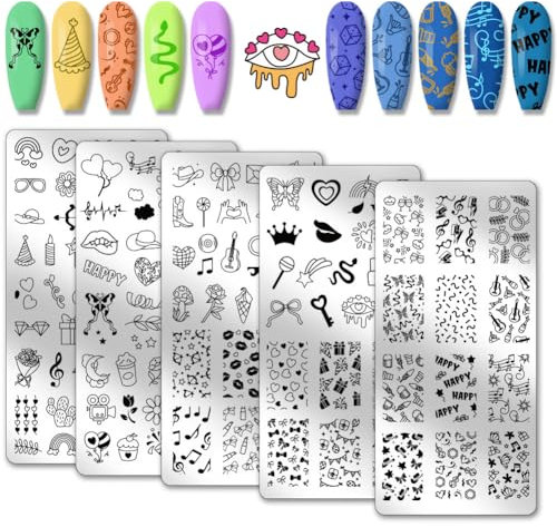 PH PandaHall 5pcs Party Muster Nagel Stamping Plates Herz-Nagelkunst-Schablonen Musik-Nagelkunst-Schablonen Niedliche Cartoon-Nagelschablonen für Feiertage Nageldesign