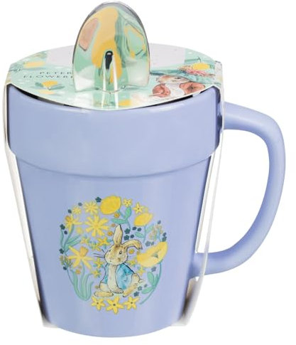 BargainsMania Peter Rabbit Flower Pot Mug with Tea Bag & Spoon Gift Set - Gift Set Includes Mug in The Shape of A Flower Pot with Peter Rabbit Print, As Well As A Tea Bag and A Spoon