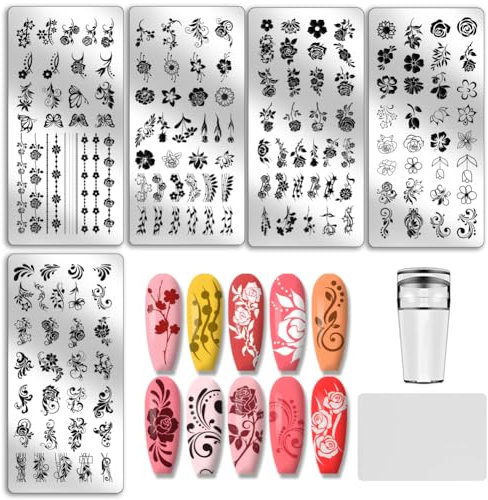 PH PandaHall 5pcs Flower Nail Stamping Plates Rose Nails Art Stencils Swirl Pattern Nail Art Templates Butterflies Naisl Design Stamp Plate with Stamper and Scrape for Women DIY Print Manicure Salon
