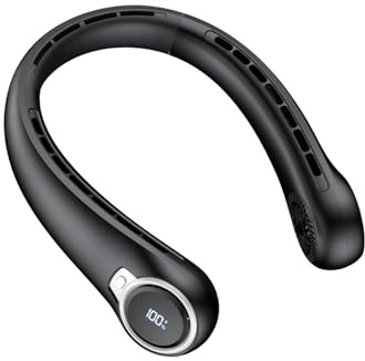 Zuquik Halsventilator, 4000mAh USB Hals Ventilator mit RGB LED Ambientebeleuchtung Leise Neck Bladeless Portable Fan mit Akku für Reisen Sport Fitness Party Camping Büro,Black