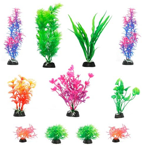 FENGQQKJ Lot de 11 décorations d'aquarium - Plantes aquatiques artificielles - Mini étang - Plantes en plastique - Poisson - Réservoir - Tortue - Décoration d'aquarium - Vert violet - Rose rouge