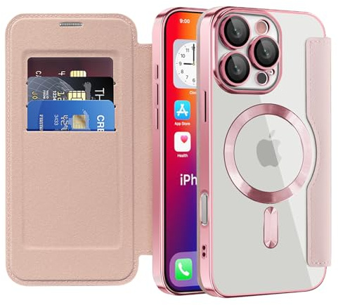 IMEIKONST for iPhone 16 Pro Max Case Flip Wallet Cover, Pink JDCX | RFID Blocking Card Holder, Camera Lens Protection, Magnetic Transparent TPU Back, Compatible with MagSafe, PU Leather