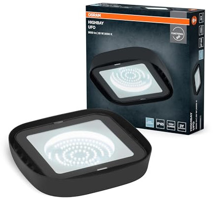 OSRAM Highbay Ufo Deckenleuchte in Schwarz, bietet 80 W und 9300 lm in Tageslichtweiß bei 6500 K, mit IP65 besteht ein Schutz gegen Strahlwasser und Staub (staubdicht), ideal für hohe Decken
