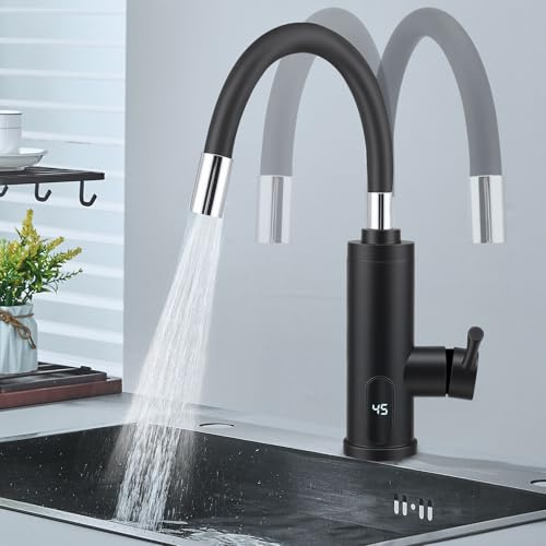 360º Drehbarer Flexibler Elektrische Wasserhahn mit Durchlauferhitzer, 230V 3000W Sofort Heißes Küchenarmatur mit LCD Temperaturanzeige, Armatur mit Sofortiger Warmwasserbereiter für Küche Garten Bad