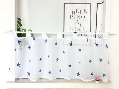 Devola Voile Scheibengardine mit Sternen, Schlaufen, Blau HxB 45x90cm | Transparent Kurzgardine Modern Kurzstore Bistrogardine mit Bedruckt, Kleinfenster Gardine für Kinderzimmer Wohnzimmer