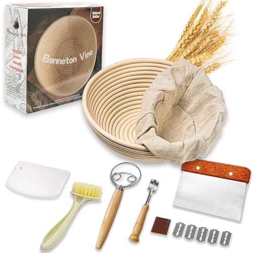 Sourdough Starter Kit, Bread Banneton Proofing Basket | Equipped with Cloth Liner Dough Scraper Dough Whisk Pot Brush lame for Professional and Home Bakers Making Accessories
