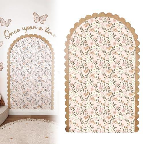 Floral Arch Wall Decal, 80 x 150 cm Peel and Stick Boho Flower Wall Stickers, with Wooden Fan-Shaped Frame, Self-Adhesive Waterproof Wallpaper Decoration for Nursery Bedroom Living Room