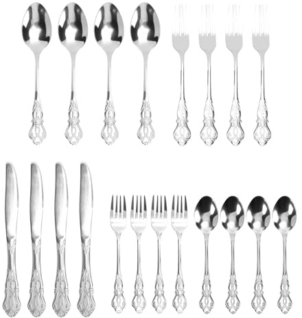 Tnfeeon Set di Posate, 20 Pezzi in Acciaio Inossidabile per 4 Persone con Stile Vintage Lucidato a Specchio, Servizio Lavabile in Lavastoviglie per 4 Persone, per Casa, Appartamento, (SILVER)