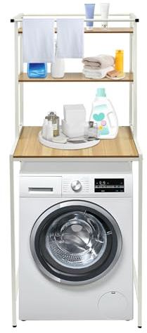 MEHOOSPVN Waschmaschinenregal Toilettenregal Badezimmerregal Bad WC Stand Regal, über Waschmaschine, Waschmaschinenschrank Überbauschrank, Toilettenschrank, 3 Ablagen, Metall Holzmaserung, Weiß