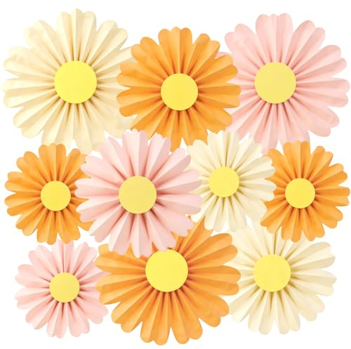 SUNBEAUTY 10 Stück Gänseblümchen Papier Fächer Dekoration Orange Gelb Papierfächer Hanging Girlande Mexiko Deko für Gartenparty Hochzeit Geburtstag Classroom Klassenzimmer Kinderzimmer Tischdeko