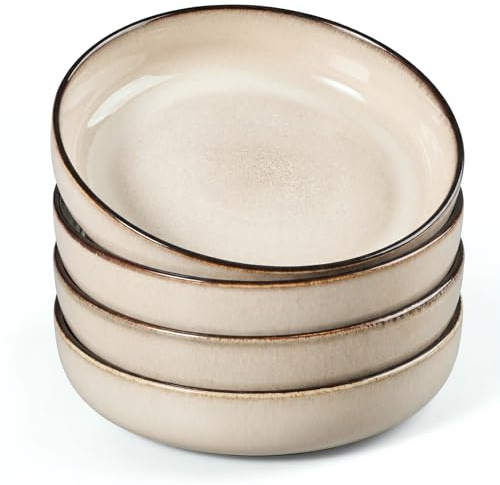 HaWare Pasta Bowls Set of 4, 35oz Stoneware Salad Plate Bowls for Kitchen, Reactive Glaze Ceramic Serving Bowls for Serving Soup, Chip and Scratch Resistant, Dishwasher & Microwave Safe, Cream Khaki