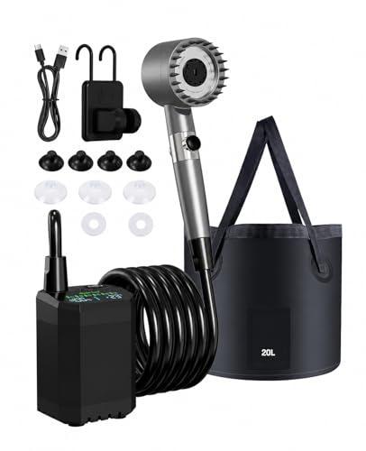 LANMOU Campingdusche mit Pumpe und 12000mAh Akku, IPX8 für Vanlife Outdoor | Mobile Camping Dusche mit 6 Druckstufen, 3 Strahlarten, Temperaturanzeige, 20L faltbarer Eimer, 2m Schlauch