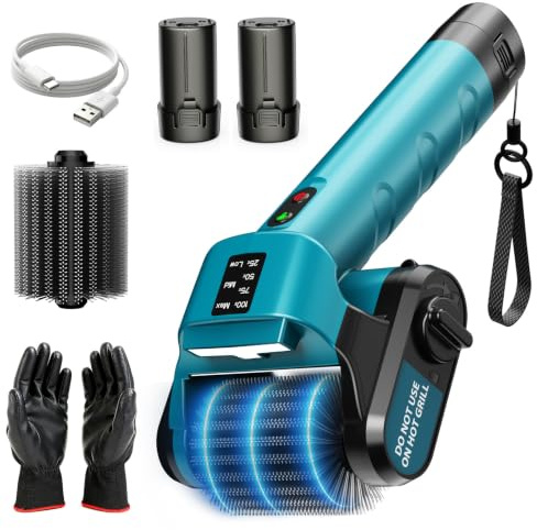 Spazzola Elettrica per Barbecue, Pulitore BBQ Senza Fili 800 Giri/min con 2x2500mAh batterie ricaricabili, 350 Min Autonomia, 3 Velocità & Angolo Regolabile con 2 Testine IPX7 Impermeabile per Griglie