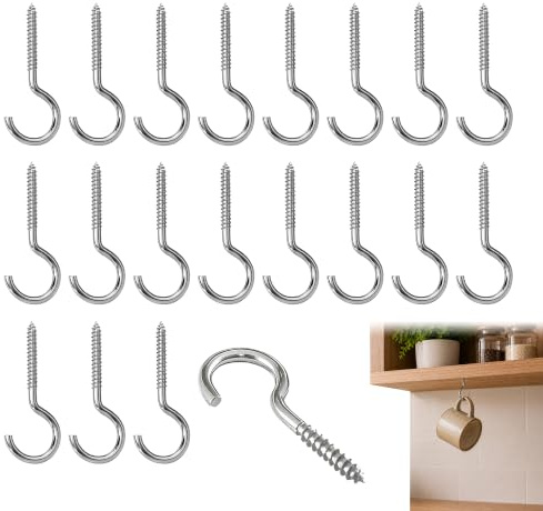 Bansusu 20 Pcs Heavy-Duty Stainless Steel Screw Hooks, Eyelet, 50mm | Sturdy Cup Hooks, Ceiling & Wall Hooks, For Hanging Plants, Curtains, Lights, Secure Screw-in Hooks, Indoor/Outdoor Use